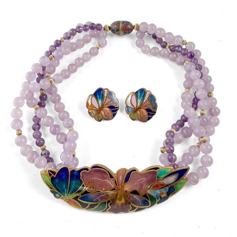 David Kuo Champleve Cloisonné Enamel Orchid Butterfly Amethyst Beaded Set